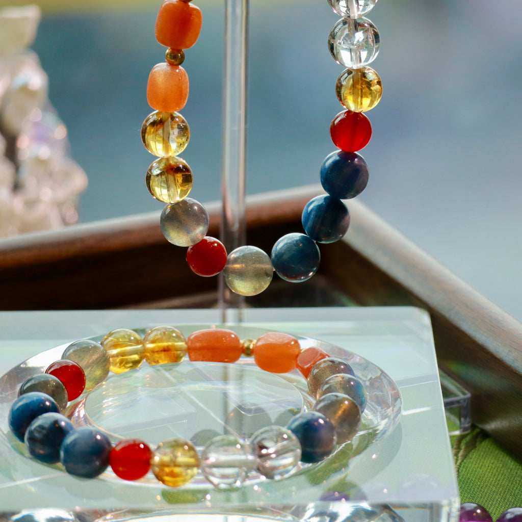 9mm Blue Kyanite & Gray Moonstone Bracelet with Sunstone and Natural Gemstones