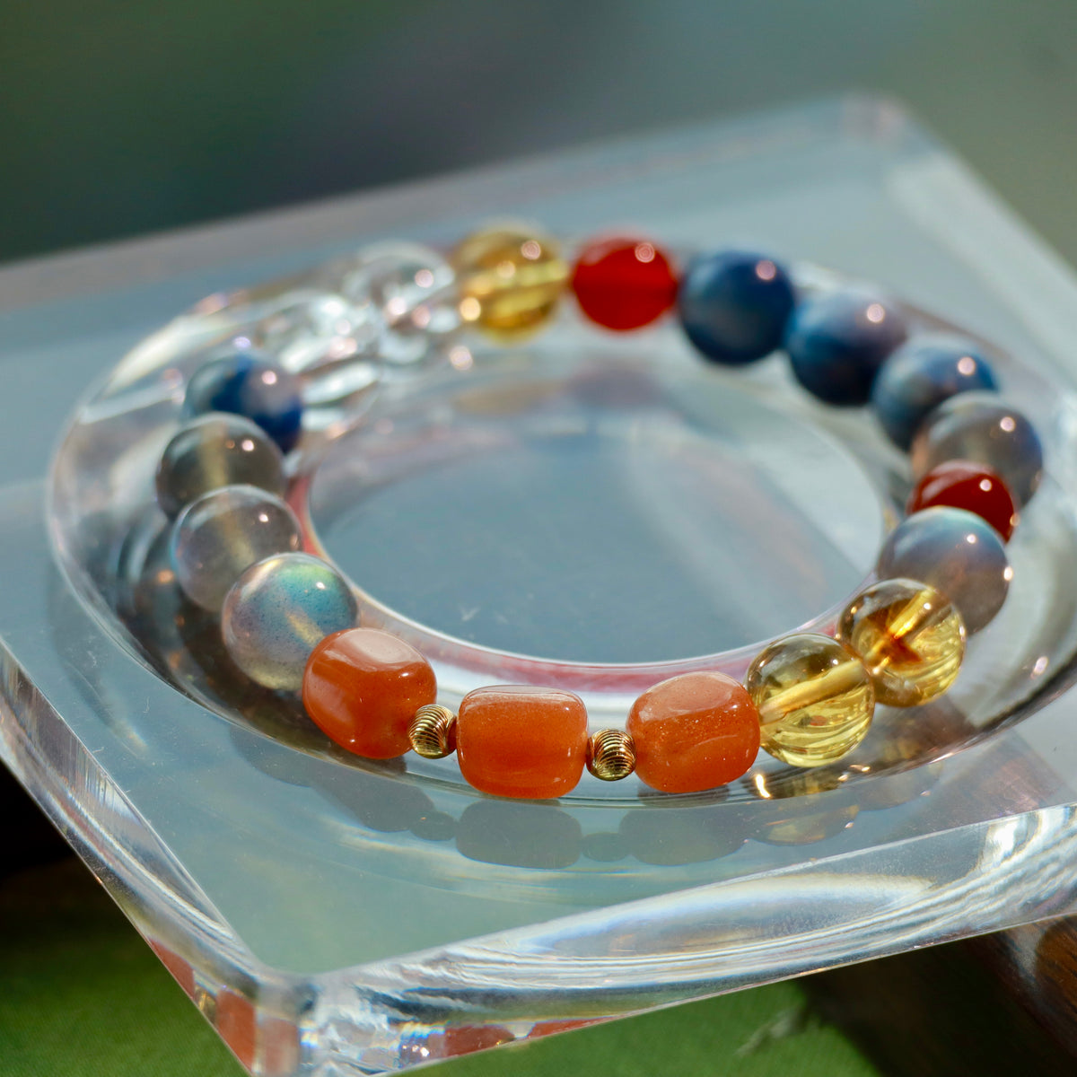 9mm Blue Kyanite & Gray Moonstone Bracelet with Sunstone and Natural Gemstones