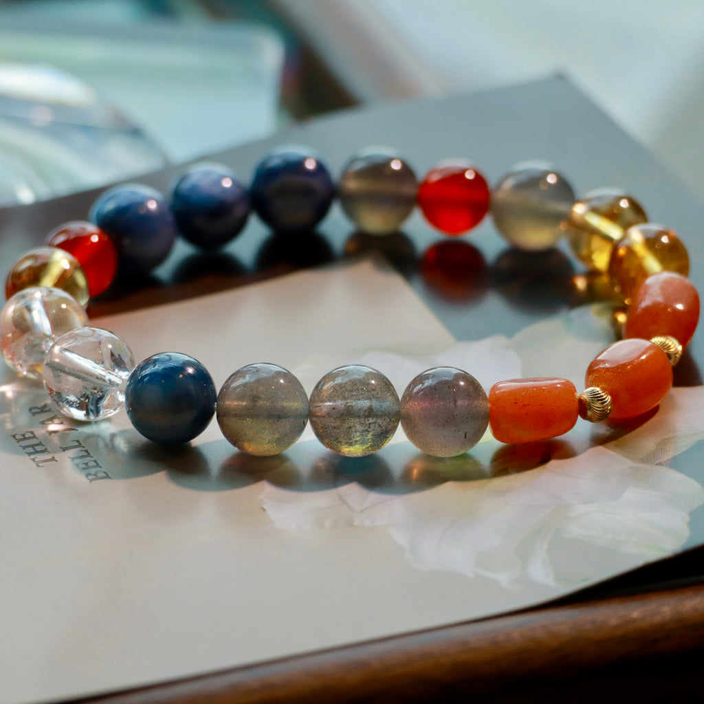9mm Blue Kyanite & Gray Moonstone Bracelet with Sunstone and Natural Gemstones