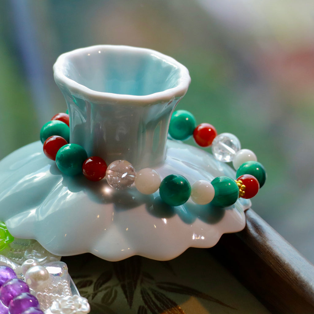 10mm Malachite Bracelet with Nanhong Agate, Snowflake Phantom Quartz & White Azeztulite Christmas Decor