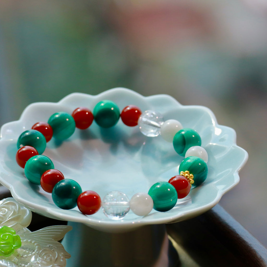 10mm Malachite Bracelet with Nanhong Agate, Snowflake Phantom Quartz & White Azeztulite Christmas Decor
