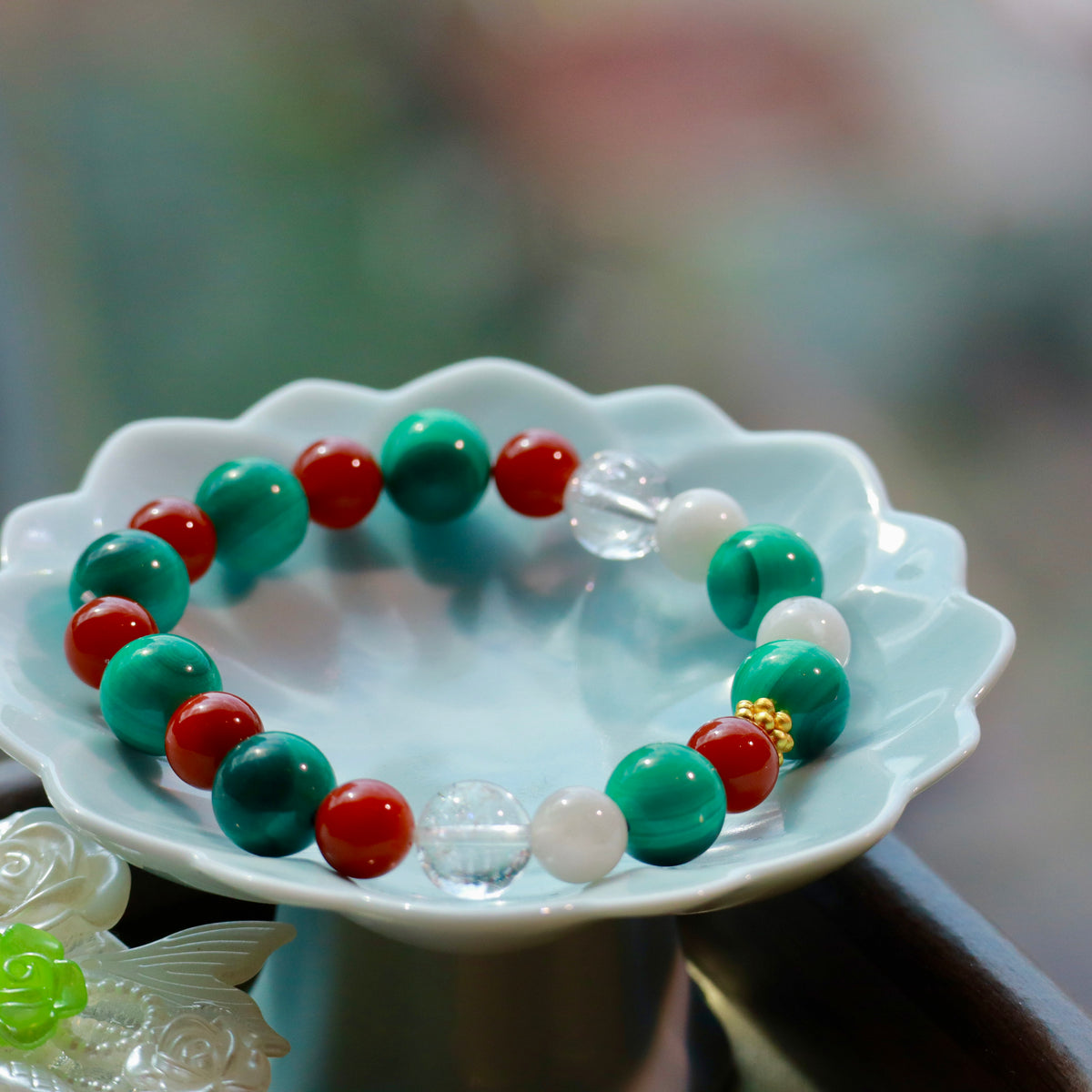 10mm Malachite Bracelet with Nanhong Agate, Snowflake Phantom Quartz & White Azeztulite Christmas Decor