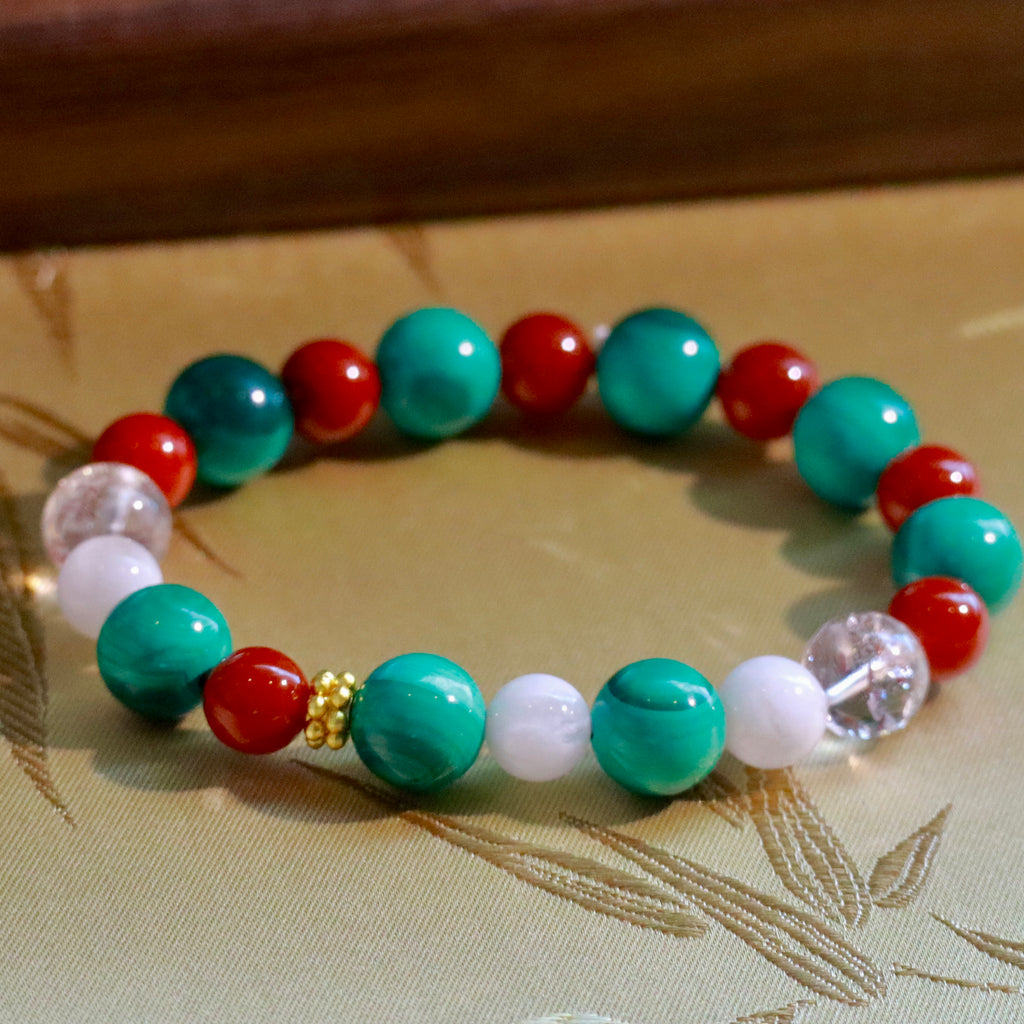 10mm Malachite Bracelet with Nanhong Agate, Snowflake Phantom Quartz & White Azeztulite Christmas Decor