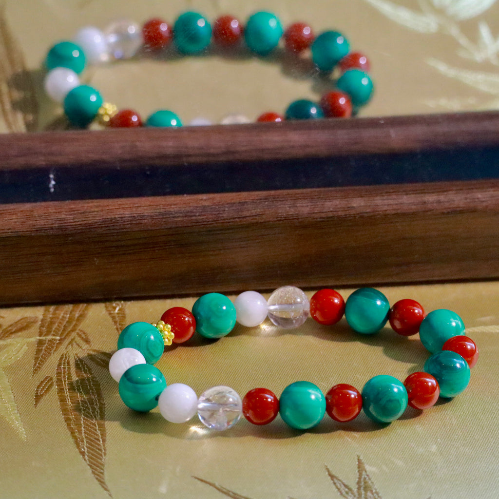 10mm Malachite Bracelet with Nanhong Agate, Snowflake Phantom Quartz & White Azeztulite Christmas Decor