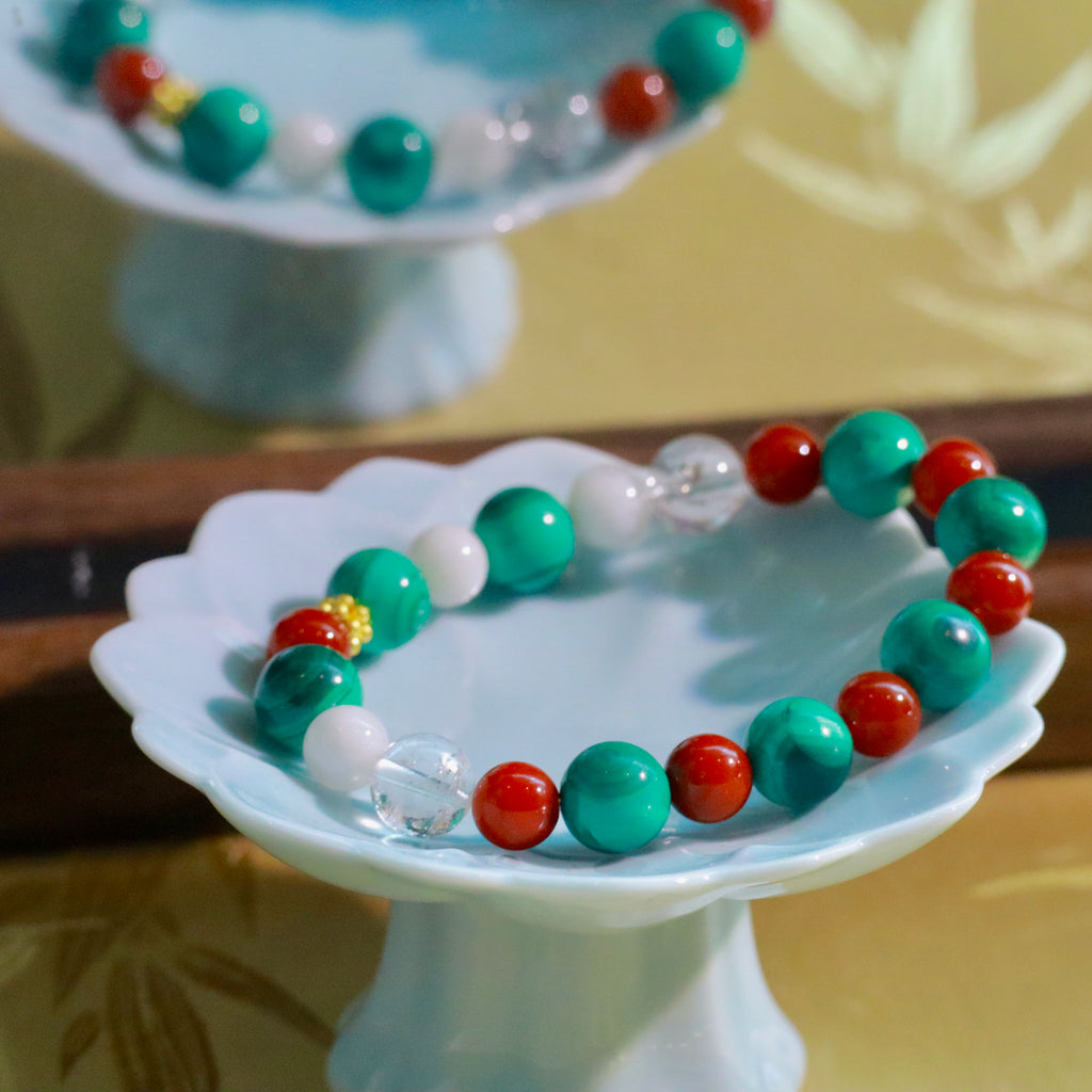 10mm Malachite Bracelet with Nanhong Agate, Snowflake Phantom Quartz & White Azeztulite Christmas Decor