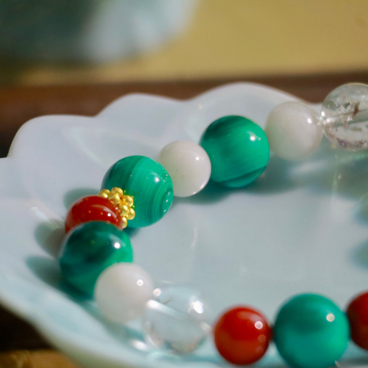 10mm Malachite Bracelet with Nanhong Agate, Snowflake Phantom Quartz & White Azeztulite Christmas Decor