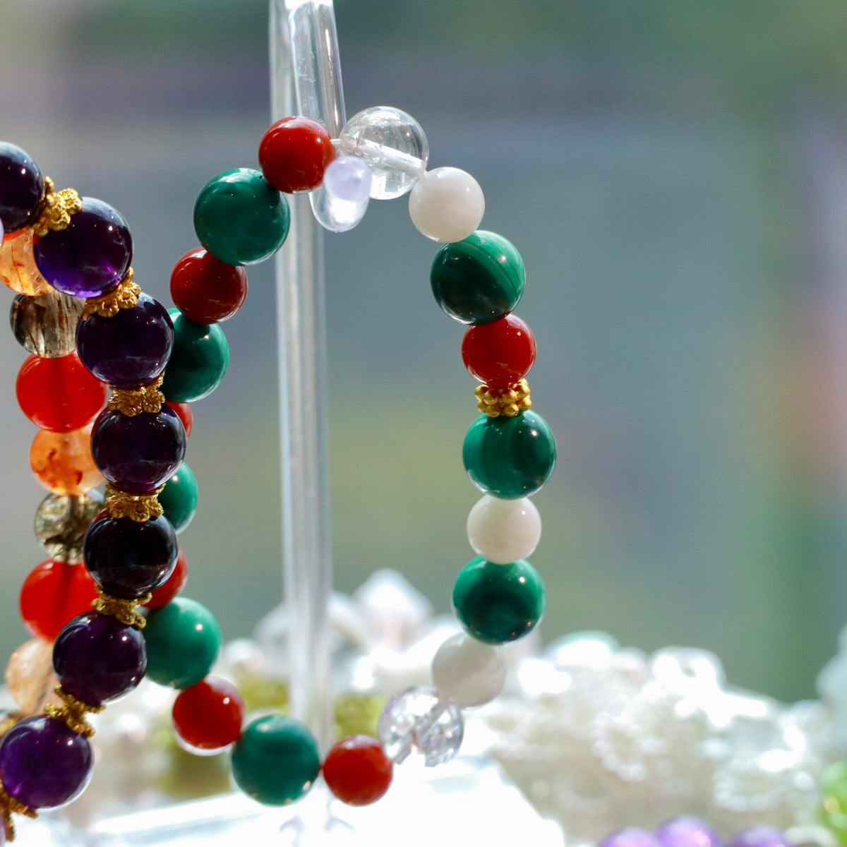 10mm Malachite Bracelet with Nanhong Agate, Snowflake Phantom Quartz & White Azeztulite Christmas Decor