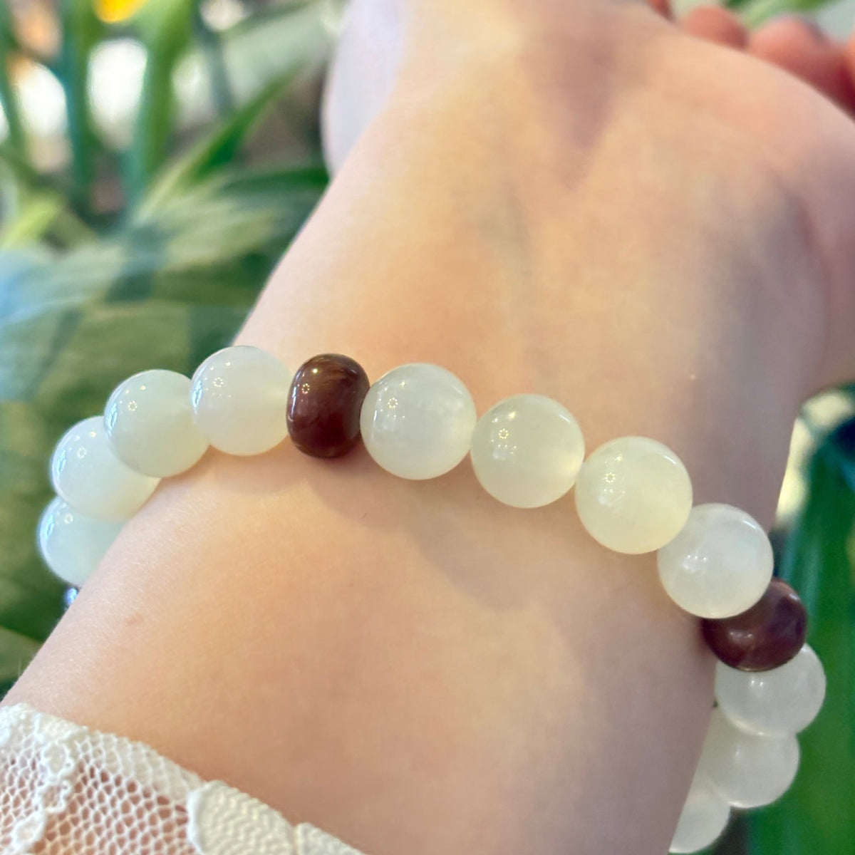 Natural Moonstone & Kuk Wood Bracelet | 9mm Gemstone Beads - DancingMotes