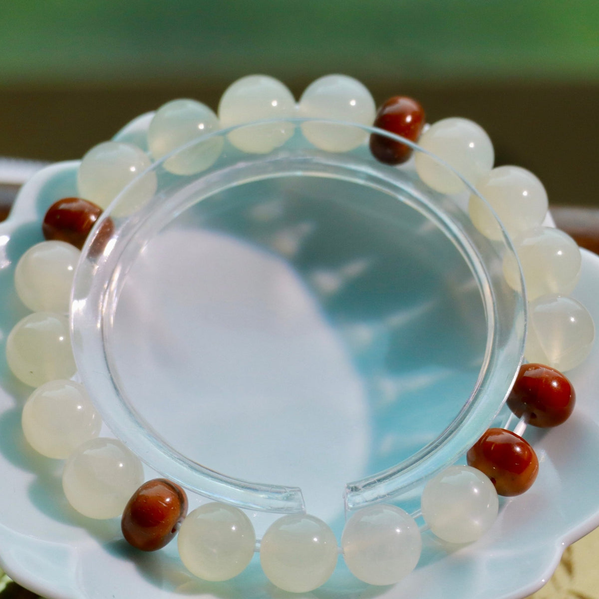 Natural Moonstone & Kuk Wood Bracelet | 9mm Gemstone Beads - DancingMotes