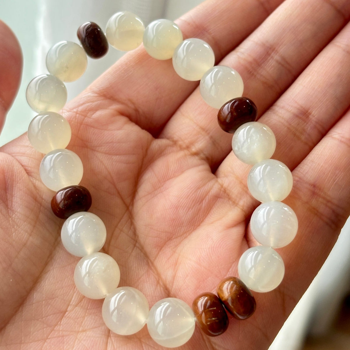 Natural Moonstone & Kuk Wood Bracelet | 9mm Gemstone Beads - DancingMotes