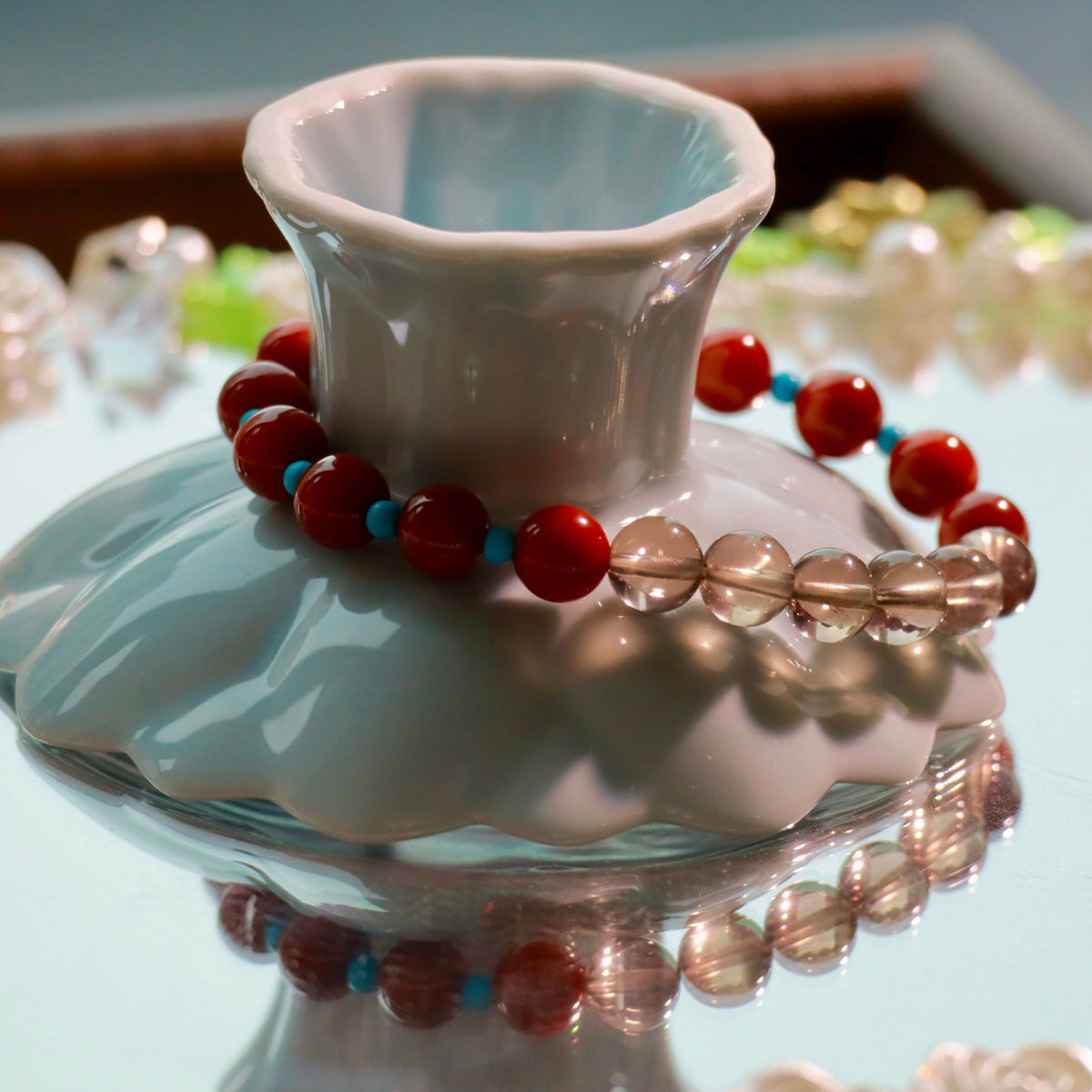 Natural Nanhong Agate & Smoky Quartz Bracelet | 8mm Gemstone Beads - DancingMotes