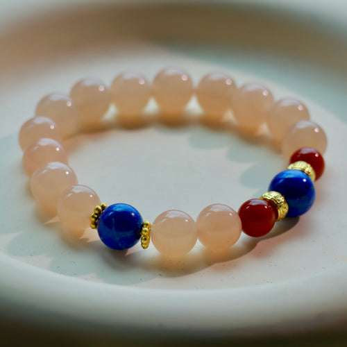 10mm Natural Pink Agate Bracelet with Nanhong Agate and Lapis Lazuli