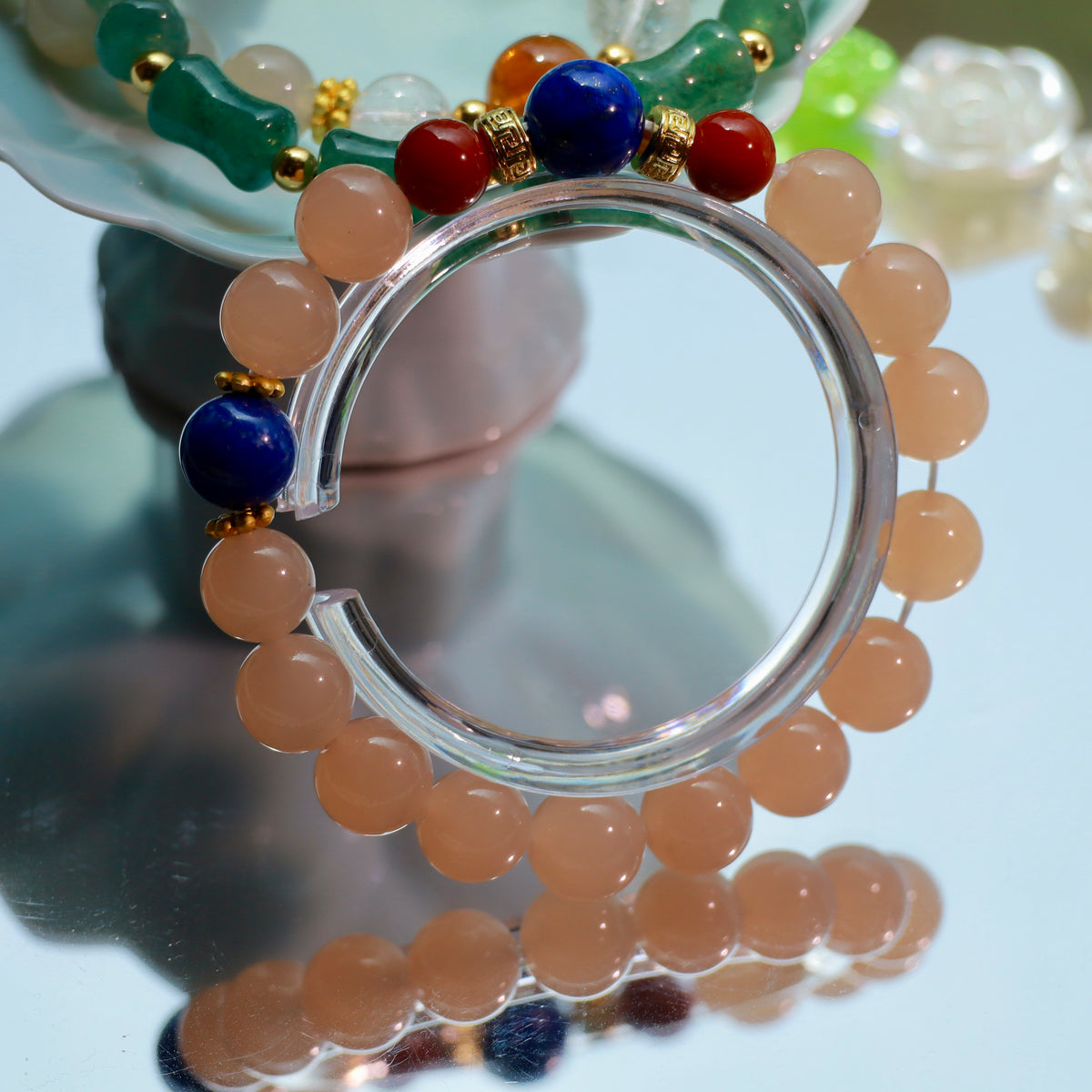 10mm Natural Pink Agate Bracelet with Nanhong Agate and Lapis Lazuli