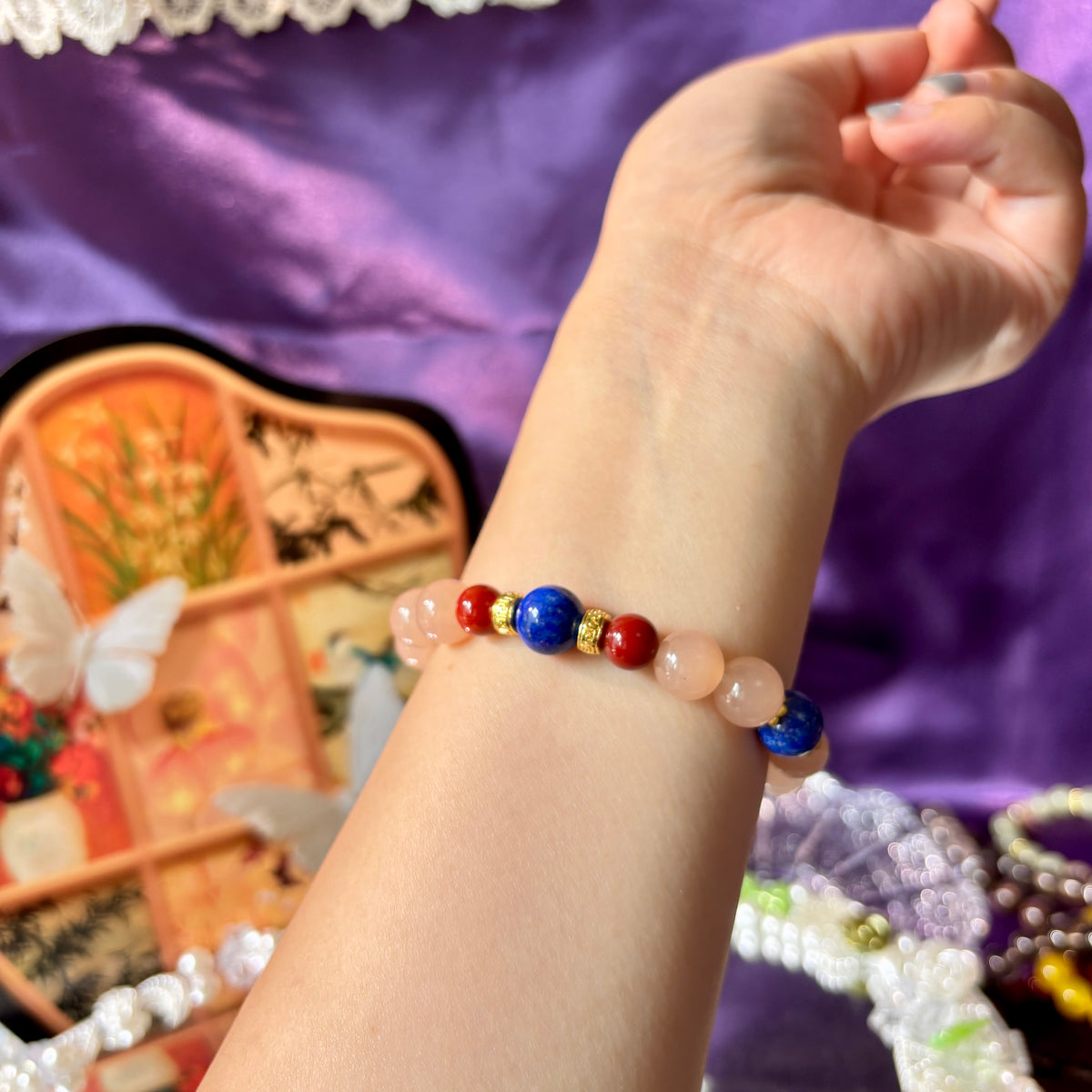 10mm Natural Pink Agate Bracelet with Nanhong Agate and Lapis Lazuli