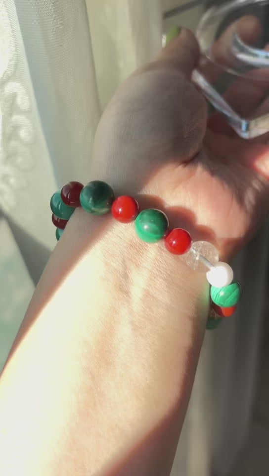 10mm Malachite Bracelet with Nanhong Agate, Snowflake Phantom Quartz & White Azeztulite Christmas Decor